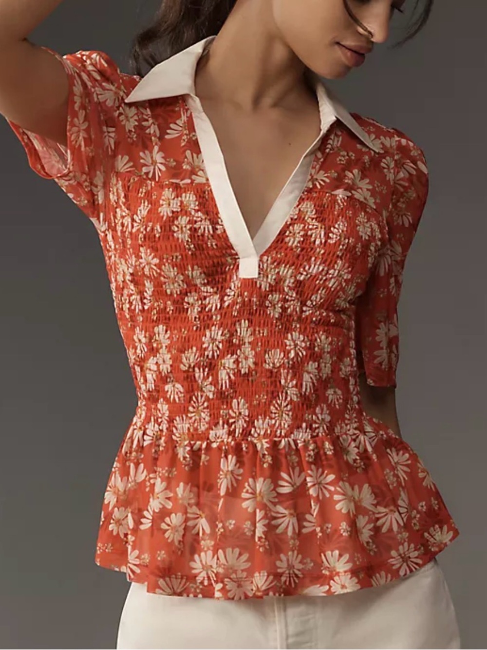 Maeve Orange Floral Smocked Peplum Top with White Collar